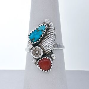 Vintage Southwest Sterling Silver Turquoise Coral Floral Feather Ring Size 6.5